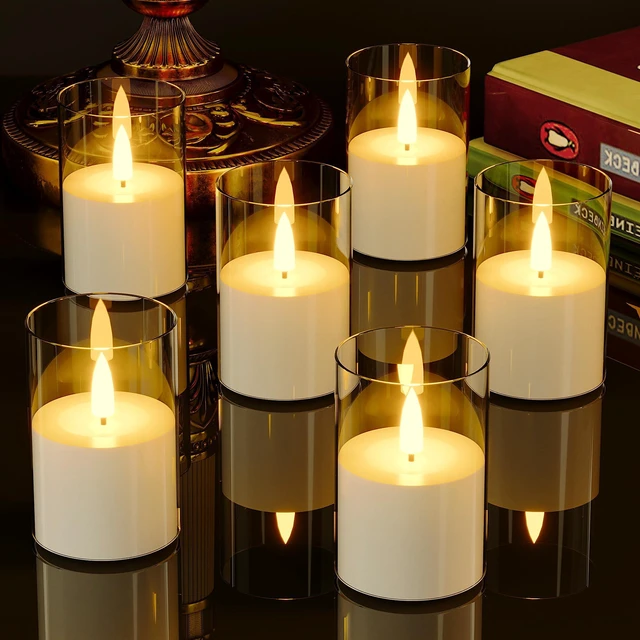 Main image of 6Pack Flickering Flameless LED Candles with Timer, Battery Powered - Small Pillar & Votive, Clear (2"X3")