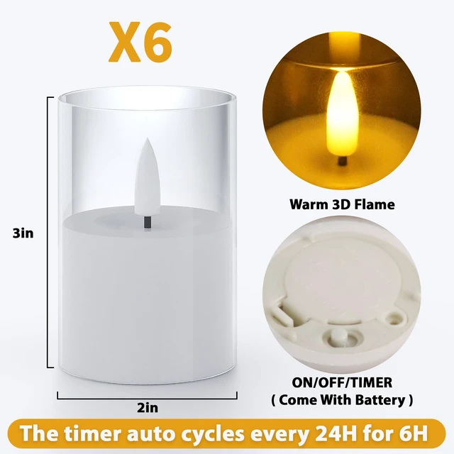Alt view image 3 of 7 - 6Pack Flickering Flameless LED Candles with Timer, Battery Powered - Small Pillar & Votive, Clear (2"X3")