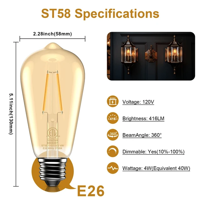 Alt view image 2 of 7 - Edison Bulb ST58, 2700K, Dimmable, Vintage Style, 12-Pack 4W