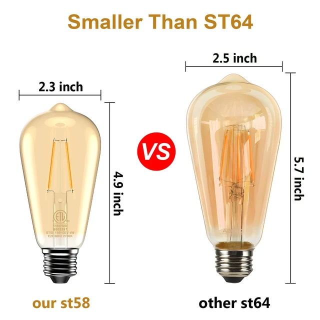 Alt view image 3 of 7 - Edison Bulb ST58, 2700K, Dimmable, Vintage Style, 6-Pack 4W
