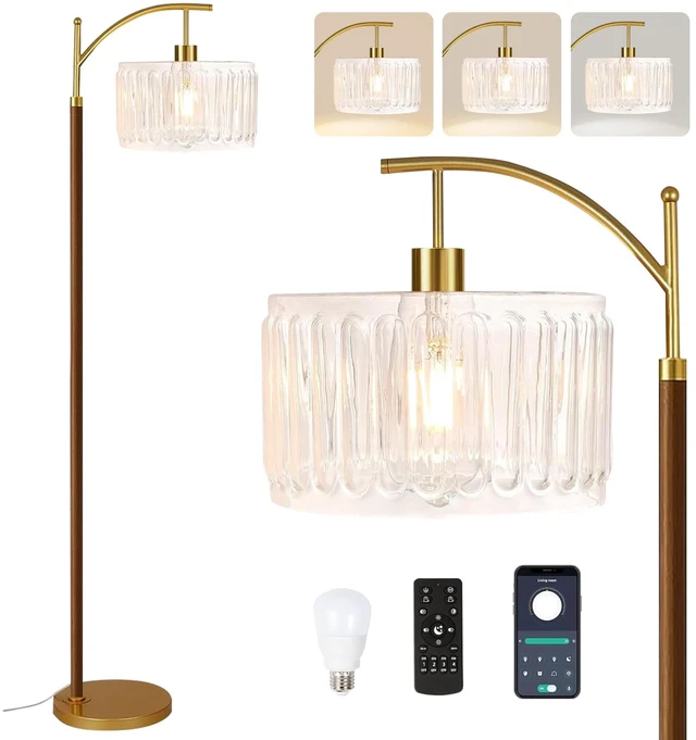 Main image of Arc Floor Lamp for Living Room,Bedroom,Glass Mid Century Modern Standing Lamp with Remote Dimmable,Wood Vintage Gold Tall Lamp White Lamp Shade Floor Lights Boho Bohemian Tiffany Style