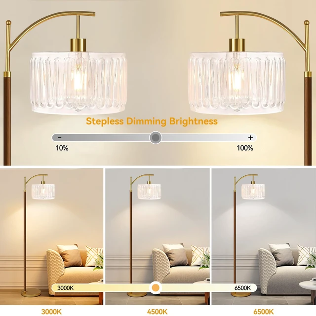 Alt view image 2 of 7 - Arc Floor Lamp for Living Room,Bedroom,Glass Mid Century Modern Standing Lamp with Remote Dimmable,Wood Vintage Gold Tall Lamp White Lamp Shade Floor Lights Boho Bohemian Tiffany Style