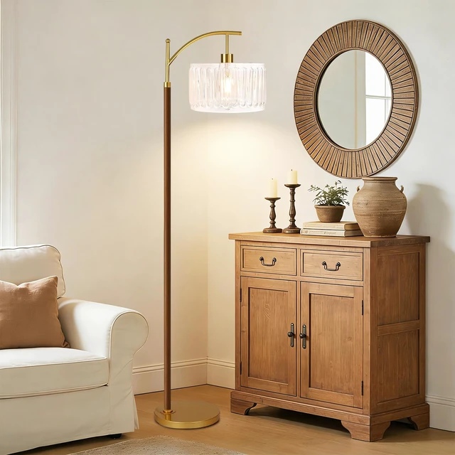 Alt view image 3 of 7 - Arc Floor Lamp for Living Room,Bedroom,Glass Mid Century Modern Standing Lamp with Remote Dimmable,Wood Vintage Gold Tall Lamp White Lamp Shade Floor Lights Boho Bohemian Tiffany Style