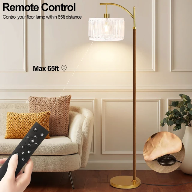 Alt view image 4 of 7 - Arc Floor Lamp for Living Room,Bedroom,Glass Mid Century Modern Standing Lamp with Remote Dimmable,Wood Vintage Gold Tall Lamp White Lamp Shade Floor Lights Boho Bohemian Tiffany Style