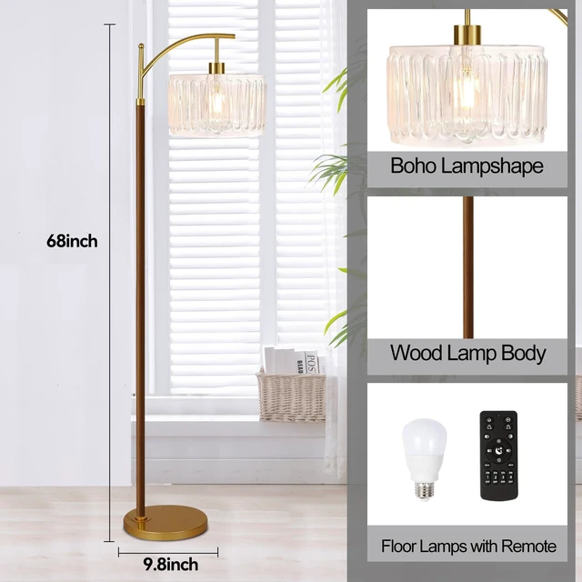 Alt view image 5 of 7 - Arc Floor Lamp for Living Room,Bedroom,Glass Mid Century Modern Standing Lamp with Remote Dimmable,Wood Vintage Gold Tall Lamp White Lamp Shade Floor Lights Boho Bohemian Tiffany Style