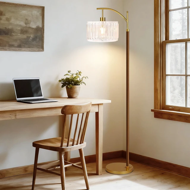 Alt view image 6 of 7 - Arc Floor Lamp for Living Room,Bedroom,Glass Mid Century Modern Standing Lamp with Remote Dimmable,Wood Vintage Gold Tall Lamp White Lamp Shade Floor Lights Boho Bohemian Tiffany Style