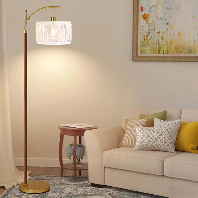 Alt view image 7 of 7 - Arc Floor Lamp for Living Room,Bedroom,Glass Mid Century Modern Standing Lamp with Remote Dimmable,Wood Vintage Gold Tall Lamp White Lamp Shade Floor Lights Boho Bohemian Tiffany Style