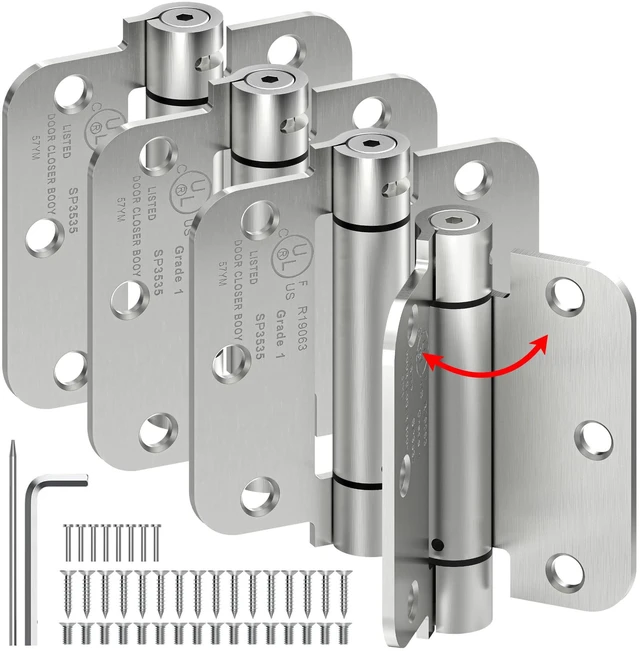 Main image of 4-Pack 3.5 Inch Self Closing Door Hinges,5/8" Radius Corners,Brushed Nickel Auto Spring Loaded Door Hinges, Adjustable Tension for Exterior,Garage, Front Back Door,Left Right Hand Door,UL Listed