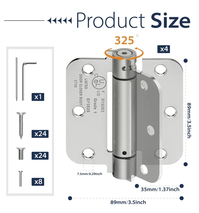 Alt view image 2 of 7 - 4-Pack 3.5 Inch Self Closing Door Hinges,5/8" Radius Corners,Brushed Nickel Auto Spring Loaded Door Hinges, Adjustable Tension for Exterior,Garage, Front Back Door,Left Right Hand Door,UL Listed
