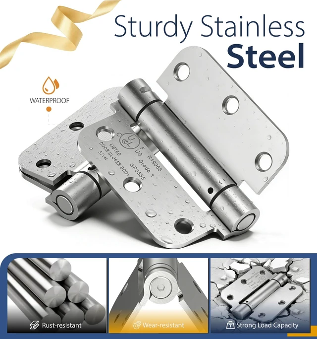 Alt view image 4 of 7 - 4-Pack 3.5 Inch Self Closing Door Hinges,5/8" Radius Corners,Brushed Nickel Auto Spring Loaded Door Hinges, Adjustable Tension for Exterior,Garage, Front Back Door,Left Right Hand Door,UL Listed