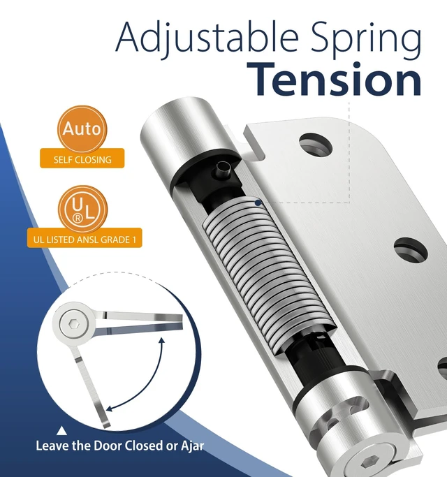 Alt view image 3 of 7 - 4-Pack 3.5 Inch Self Closing Door Hinges,5/8" Radius Corners,Brushed Nickel Auto Spring Loaded Door Hinges, Adjustable Tension for Exterior,Garage, Front Back Door,Left Right Hand Door,UL Listed
