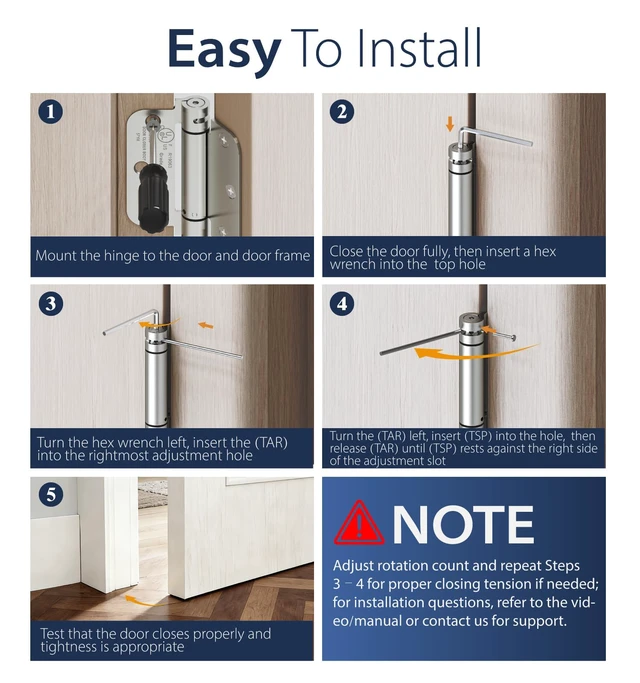 Alt view image 5 of 7 - 4-Pack 3.5 Inch Self Closing Door Hinges,5/8" Radius Corners,Brushed Nickel Auto Spring Loaded Door Hinges, Adjustable Tension for Exterior,Garage, Front Back Door,Left Right Hand Door,UL Listed