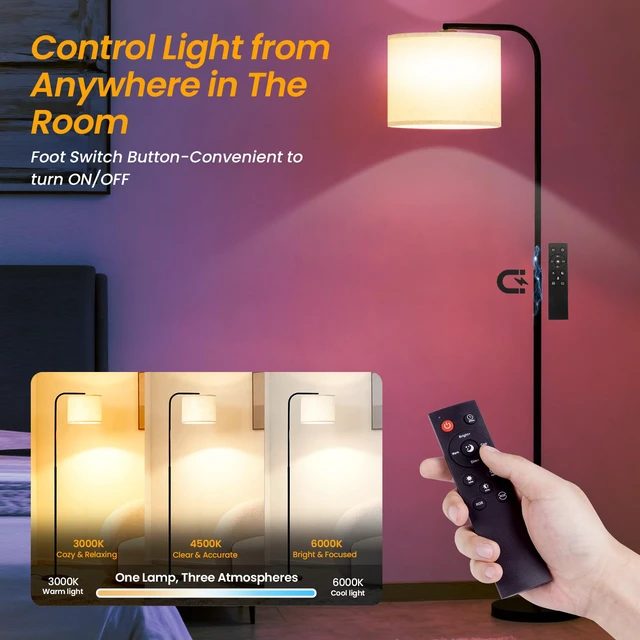 Alt view image 3 of 7 - Arc Floor Lamp with Remote and Dimmable Black lamps for Living Room Modern Tall Standing Lamp for Bedroom Corner and Office wiht Adjustable Hanging Drum Shade Over Couch Arched Reading Light