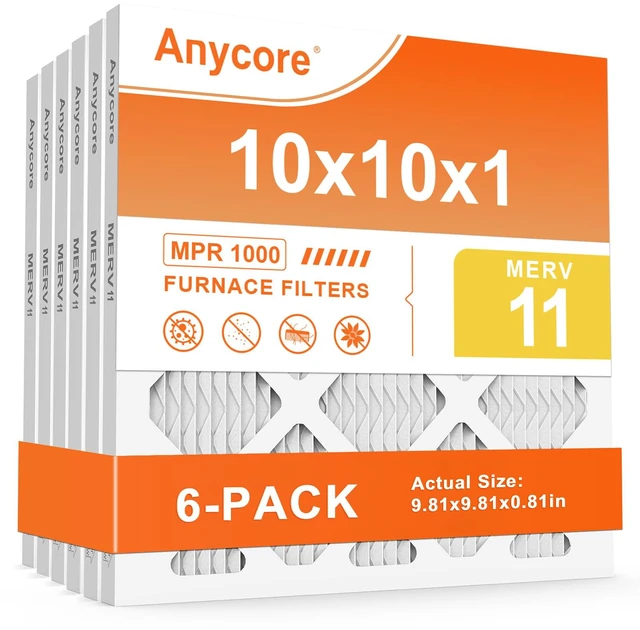 Main image of 10x10x1 AC Air Filter 6-Pack MERV 11 Furnace Filters for Home Office HVAC Pleated MPR 1000 FPR 7 (Actual Size: 9.81x9.81x0.81 inch)