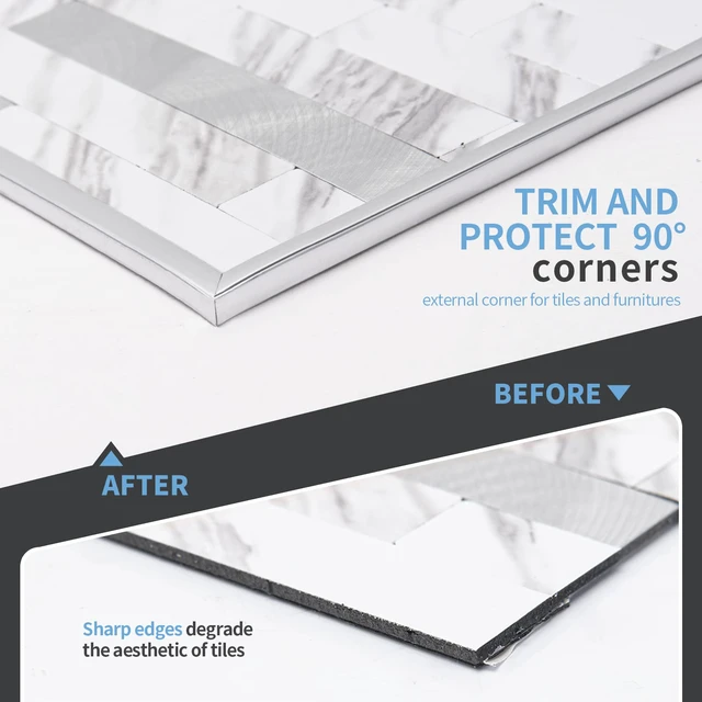 Alt view image 3 of 7 - 20 ft Flexible Outside Corner Trim for Tile Edge, Stainless Steel Durable, Waterproof, Strong Adhesive, High Viscosity, Easy to Clean, Ideal for Tiles Edges, Furniture Decoration, Countertops