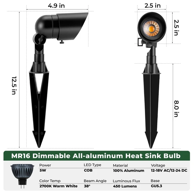 Alt view image 6 of 7 - Low Voltage Landscape Spotlight, 12V LED Outdoor Landscape Lighting, Landscape Spot Lights Wired for Garden and Yard, Aluminum Up Lighting Fixture with 5W MR16 Replaceable Bulb (2 Pack)