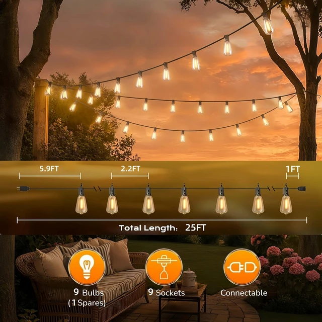 Alt view image 6 of 7 - Outdoor String Lights, 25FT Shatterproof Patio Lights, IP65 Waterproof Dimmable Outside Hanging Light, Connectable LED Outdoor Lights for Backyard, Porch, Deck, Balcony, Garden, Home Decor