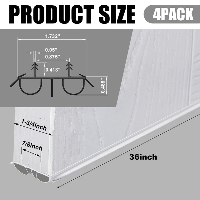 Alt view image 2 of 6 - 4 Pcs 36" Kerf Door Sweep Double Bubble Kerf White 1-3/4" Wide Vinyl Seal, Exterior Door Sweeps for Energy Saving, Blocks Dust Insects Noise, Slide-in Install, Draft Stopper