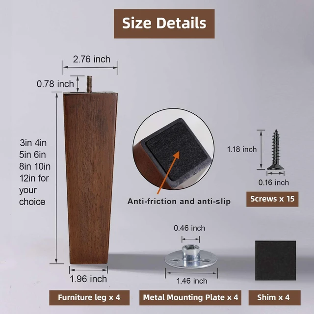 Alt view image 5 of 7 - Solid Oak Wood Furniture Legs, 12 Inch, Brown Oak Wood, Set of 4, Square, Mid-Century, Natural, Multipurpose, Screw-In, Couch, Sofa, Cabinet, Bench, Bed, Indoor Furniture Upgrades