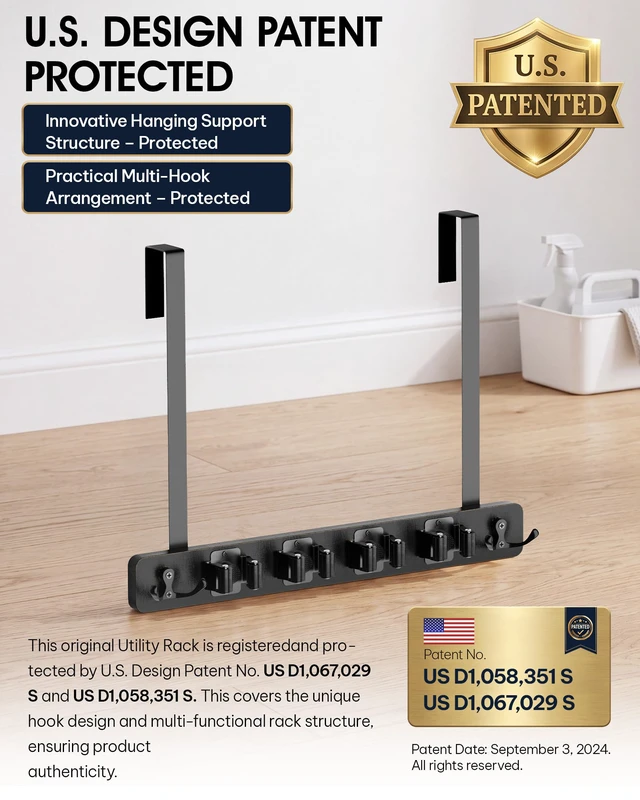 Alt view image 2 of 7 - Broom Holder Door Mount, Wood Over the Door Broom and Mop Holder 4 Slots 4 Hooks, No Drill Setup, EVA Protection Pads, Secure Grip, Laundry Garage Closet Kitchen Use, Black