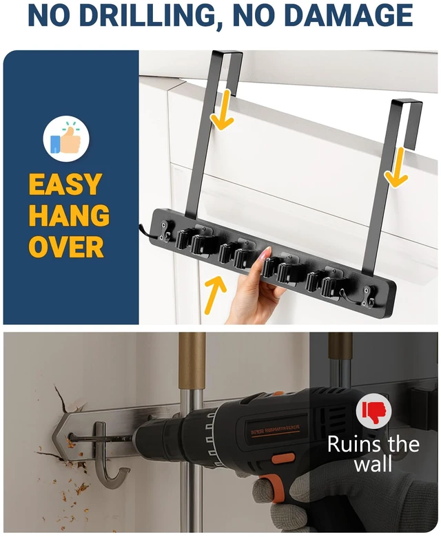 Alt view image 3 of 7 - Broom Holder Door Mount, Wood Over the Door Broom and Mop Holder 4 Slots 4 Hooks, No Drill Setup, EVA Protection Pads, Secure Grip, Laundry Garage Closet Kitchen Use, Black