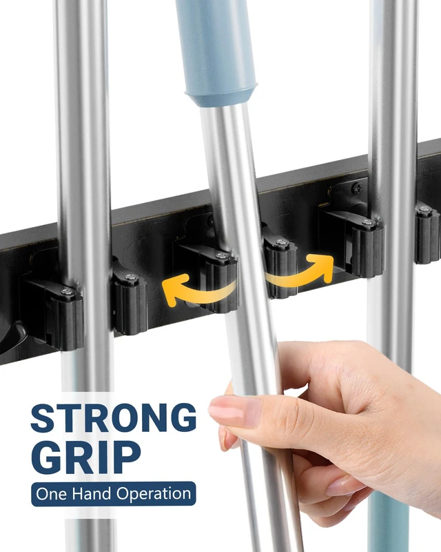 Alt view image 4 of 7 - Broom Holder Door Mount, Wood Over the Door Broom and Mop Holder 4 Slots 4 Hooks, No Drill Setup, EVA Protection Pads, Secure Grip, Laundry Garage Closet Kitchen Use, Black