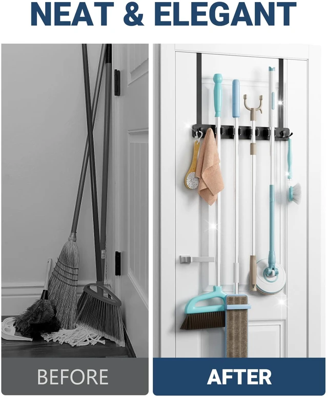 Alt view image 5 of 7 - Broom Holder Door Mount, Wood Over the Door Broom and Mop Holder 4 Slots 4 Hooks, No Drill Setup, EVA Protection Pads, Secure Grip, Laundry Garage Closet Kitchen Use, Black