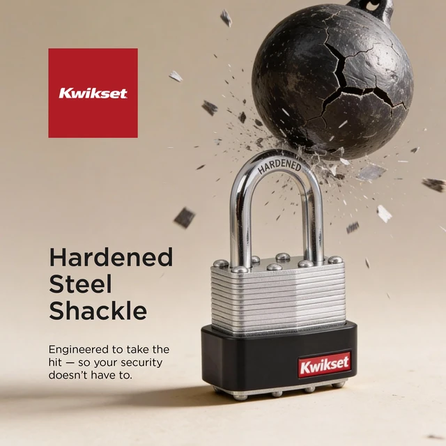 Alt view image 5 of 6 - Laminated Steel Padlock with Hardened Steel Shackle, 4-Pack, Silver Four Locks Keyed Alike for Multiple Gates and Sheds; 1-9/16 in Laminated Body with 1 in Shackle, One Key Fits All