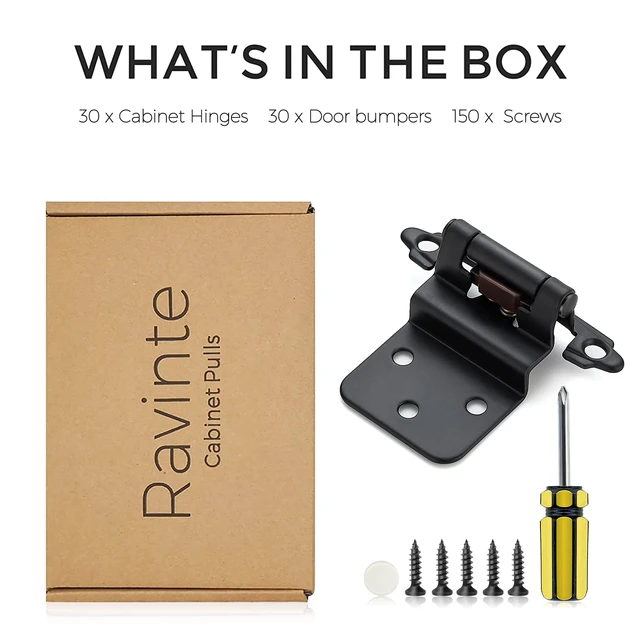 Alt view image 5 of 7 - Black Kitchen Cabinet Hinges, 3/8 Inch Inset, 30 Pack Self-Closing Design, Semi Wrap Around Hinge,for Face Frame Cupboard, Matte Black Face Mount Cabinet Hardware,with Screwdriver
