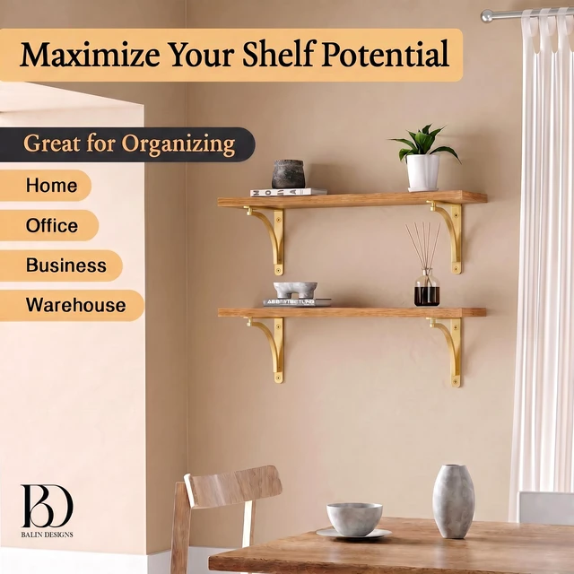 Alt view image 5 of 7 - Classic Brass Heavy Duty Shelf Brackets 12 inch by Gold L Bracket, Wall Mounted Support, Shelving Metal Bracket, Decorative Shelf Brackets, with Hardware Included, Set of 2