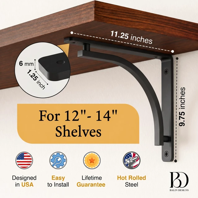 Alt view image 2 of 7 - Classic Black Heavy Duty Shelf Brackets 12 inch by L Bracket, Wall Mounted Support, Shelving Metal Bracket, Decorative Shelf Brackets, with Hardware Included, Set of 2