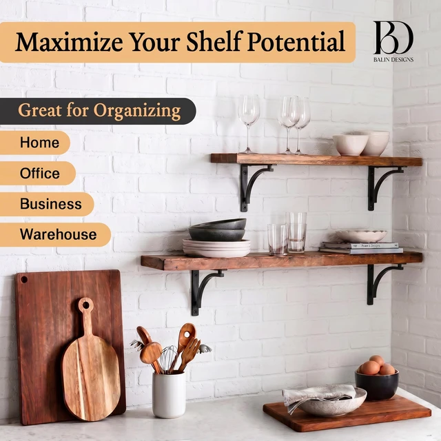 Alt view image 5 of 7 - Classic Black Heavy Duty Shelf Brackets 12 inch by L Bracket, Wall Mounted Support, Shelving Metal Bracket, Decorative Shelf Brackets, with Hardware Included, Set of 2