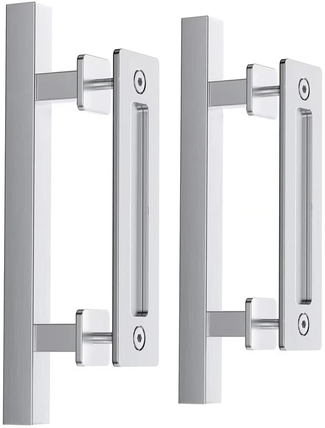 Main image of 12" Stainless Steel Sliding Barn Door Pull Handle with Flush Hardware Set,Double Sided,Brushed Finish,Square,2 Pack