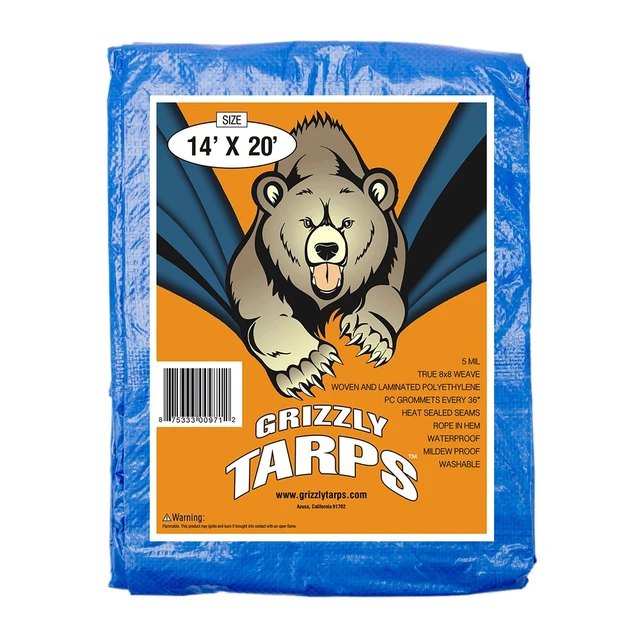 Main image of Grizzly Tarps by 14' x 20' Large Multi-Purpose Waterproof Heavy Duty Poly Tarp with Grommets Every 36", 8x8 Weave, 5 Mil Thick, for Home, Boats, Cars, Camping, Protective Cover, Blue