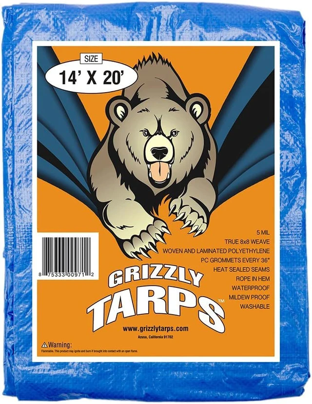 Alt view image 4 of 7 - Grizzly Tarps by 14' x 20' Large Multi-Purpose Waterproof Heavy Duty Poly Tarp with Grommets Every 36", 8x8 Weave, 5 Mil Thick, for Home, Boats, Cars, Camping, Protective Cover, Blue