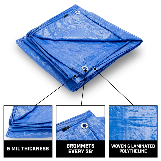 Alt view image 5 of 7 - Grizzly Tarps by 14' x 20' Large Multi-Purpose Waterproof Heavy Duty Poly Tarp with Grommets Every 36", 8x8 Weave, 5 Mil Thick, for Home, Boats, Cars, Camping, Protective Cover, Blue