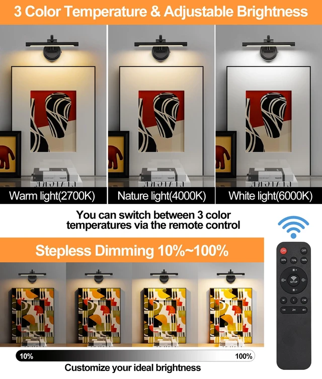 Alt view image 2 of 7 - Rechargeable Picture Light for Wall, Cordless Art Lights Battery Operated, Dimmable Wall Light with Remote & Timer, 3 Color Modes for Paintings, Gallery, Artwork(Black, 12inch)