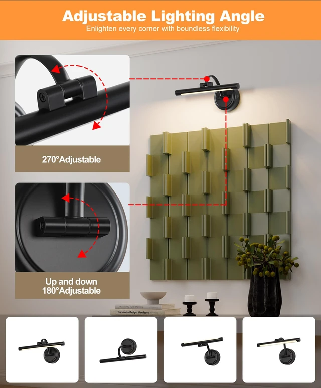 Alt view image 4 of 7 - Rechargeable Picture Light for Wall, Cordless Art Lights Battery Operated, Dimmable Wall Light with Remote & Timer, 3 Color Modes for Paintings, Gallery, Artwork(Black, 12inch)