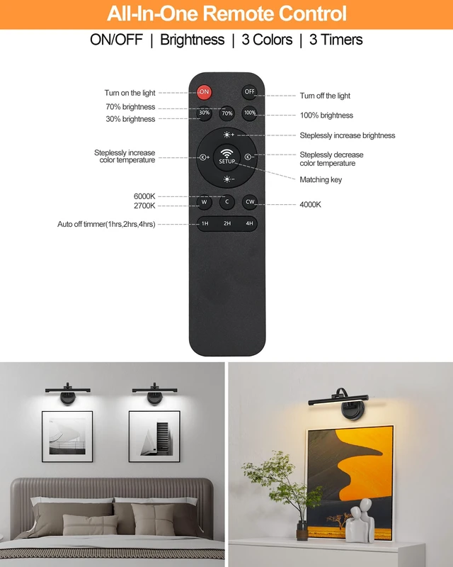 Alt view image 5 of 7 - Rechargeable Picture Light for Wall, Cordless Art Lights Battery Operated, Dimmable Wall Light with Remote & Timer, 3 Color Modes for Paintings, Gallery, Artwork(Black, 12inch)
