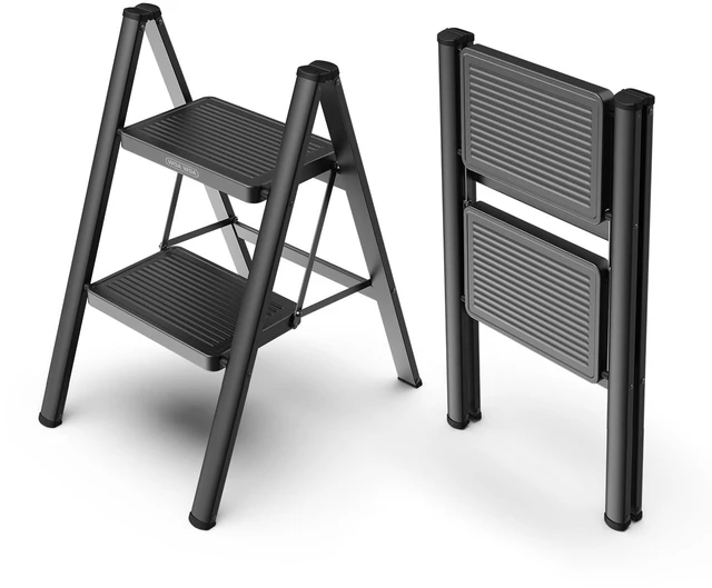 Main image of 2 Step Foldable Step Stool, 330lbs Load, Black Folded 26'' H x 2'' T; Net 7.4 lbs; Anti-Slip Feet Grip Wood, Tile, Carpet; Wide Pedals; For Kitchens, Closets