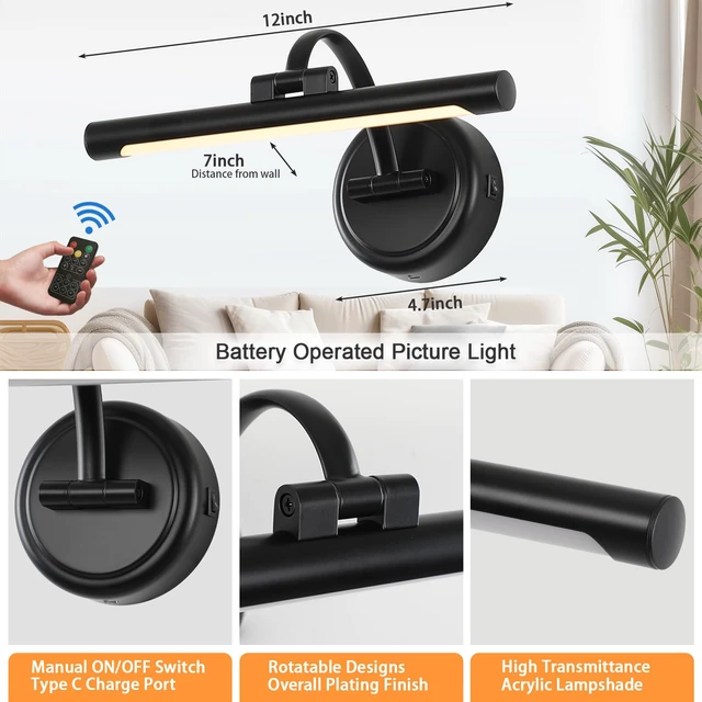 Alt view image 6 of 7 - Rechargeable Picture Light for Wall, Cordless Art Lights Battery Operated, Dimmable Wall Light with Remote & Timer, 3 Color Modes for Paintings, Gallery, Artwork(Black, 12inch)