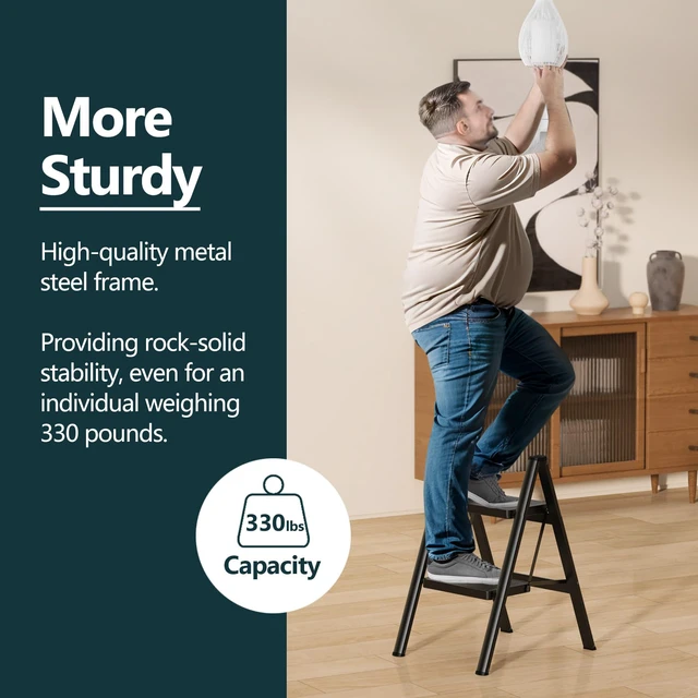 Alt view image 2 of 6 - 2 Step Foldable Step Stool, 330lbs Load, Black Folded 26'' H x 2'' T; Net 7.4 lbs; Anti-Slip Feet Grip Wood, Tile, Carpet; Wide Pedals; For Kitchens, Closets
