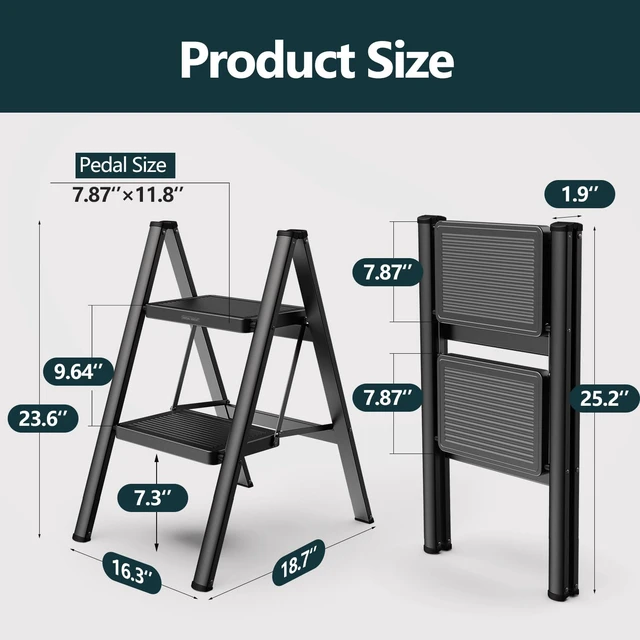 Alt view image 6 of 6 - 2 Step Foldable Step Stool, 330lbs Load, Black Folded 26'' H x 2'' T; Net 7.4 lbs; Anti-Slip Feet Grip Wood, Tile, Carpet; Wide Pedals; For Kitchens, Closets