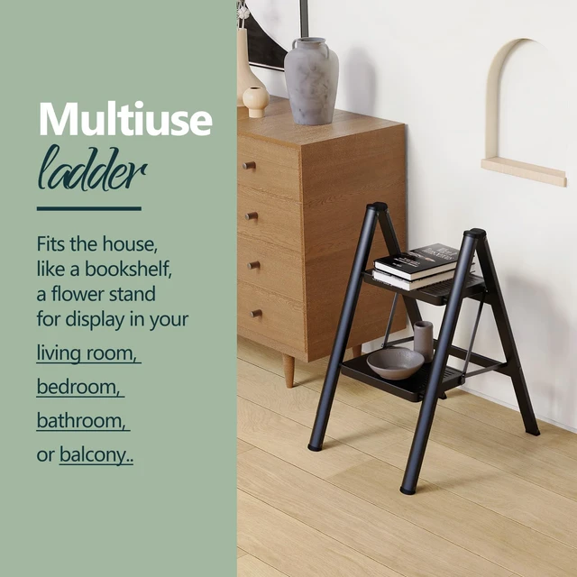 Alt view image 5 of 6 - 2 Step Foldable Step Stool, 330lbs Load, Black Folded 26'' H x 2'' T; Net 7.4 lbs; Anti-Slip Feet Grip Wood, Tile, Carpet; Wide Pedals; For Kitchens, Closets