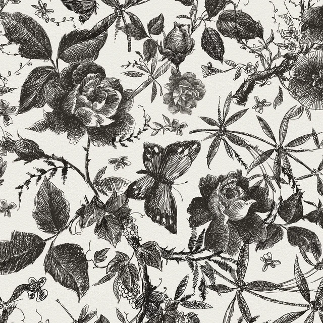 Main image of Black Rose Floral Vintage Peel and Stick Wallpaper,15.8" x 394" Self Adhesive Removable Rose Floral Butterfly Contact Paper, Vintage Vinyl Wall Paper for Bedroom, Bathroom, Decor,43 sq