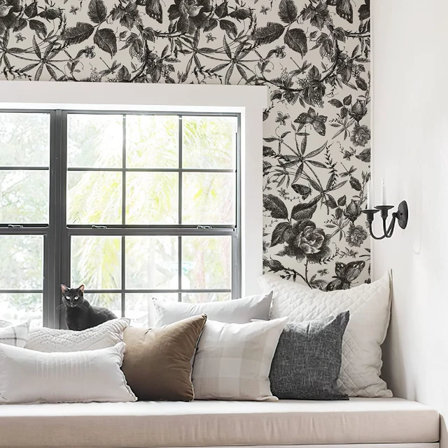 Alt view image 5 of 7 - Black Rose Floral Vintage Peel and Stick Wallpaper,15.8" x 394" Self Adhesive Removable Rose Floral Butterfly Contact Paper, Vintage Vinyl Wall Paper for Bedroom, Bathroom, Decor,43 sq