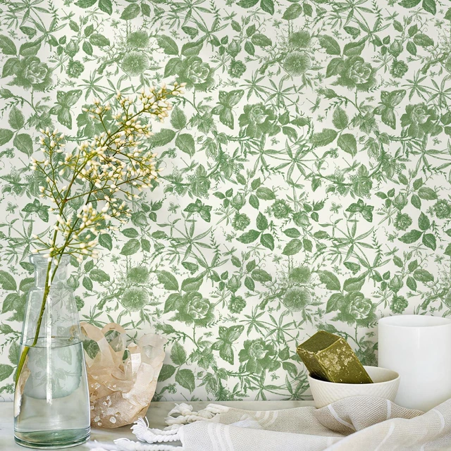 Main image of Green Rose Floral Vintage Peel and Stick Wallpaper,15.8" x 394" Self Adhesive Removable Rose Floral Butterfly Contact Paper, Vintage Vinyl Wall Paper for Bedroom, Bathroom, Decor,43 sq