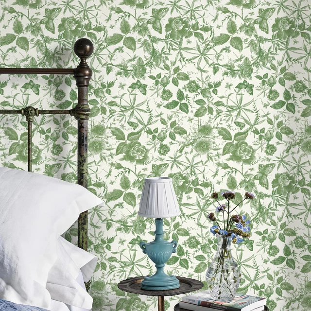 Alt view image 2 of 7 - Green Rose Floral Vintage Peel and Stick Wallpaper,15.8" x 394" Self Adhesive Removable Rose Floral Butterfly Contact Paper, Vintage Vinyl Wall Paper for Bedroom, Bathroom, Decor,43 sq