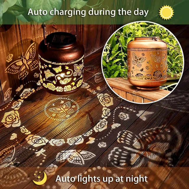 Alt view image 5 of 7 - 2 Pack Butterfly Outdoor Solar Hanging Lanterns Waterproof LED Solar Lights Metal Decorative Lanterns for Garden, Patio, Courtyard, Backyard, Yard Decor Unique Butterfly Gifts for Women Gardening