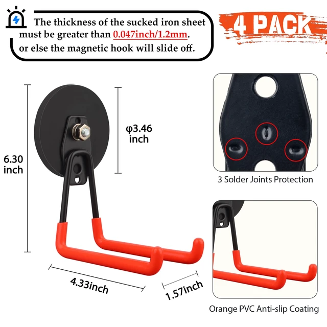 Alt view image 2 of 6 - Strong Magnetic Hooks,Large Magnet with Hooks for Heavy Duty Tools,Jig Saw,Hose, 4 Pack Heavy Duty Magnetic Hooks for Hammer Drill,Circular Saw,Garden Tool(3.46inch/Orange)